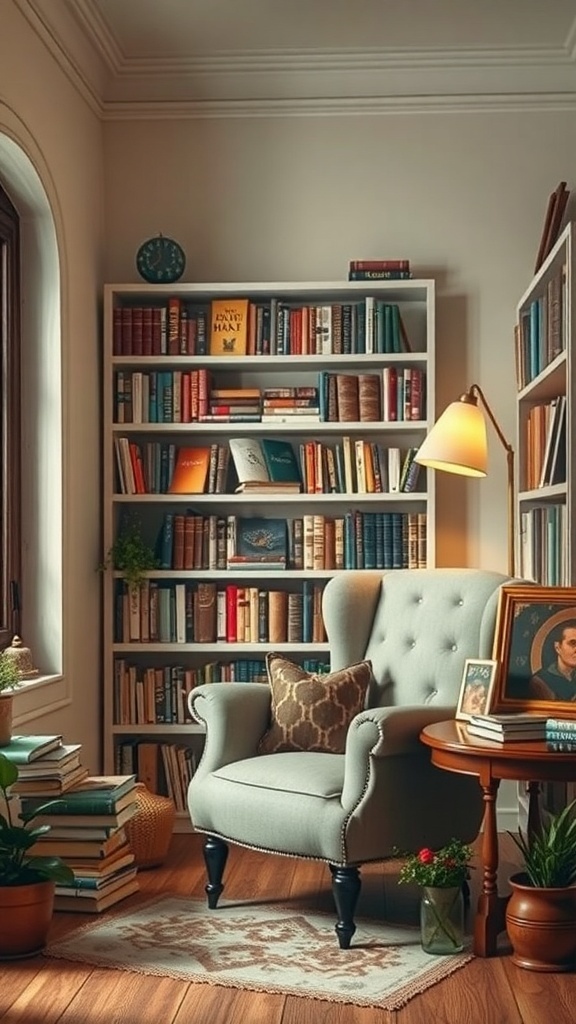 A cozy vintage-inspired reading nook featuring a tufted armchair, a bookshelf filled with books, a side table with a lamp, and plants.