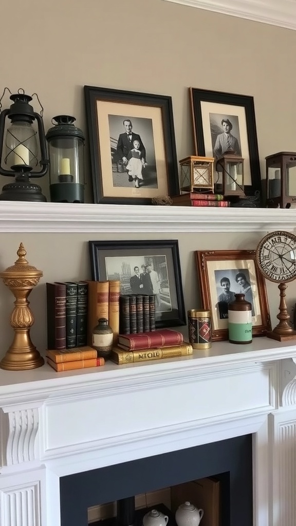 A vintage mantel decorated with antique finds, including framed photographs, lanterns, books, and decorative items.