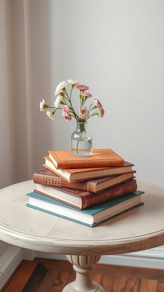 A stack of vintage books with a small vase of flowers on a round table.