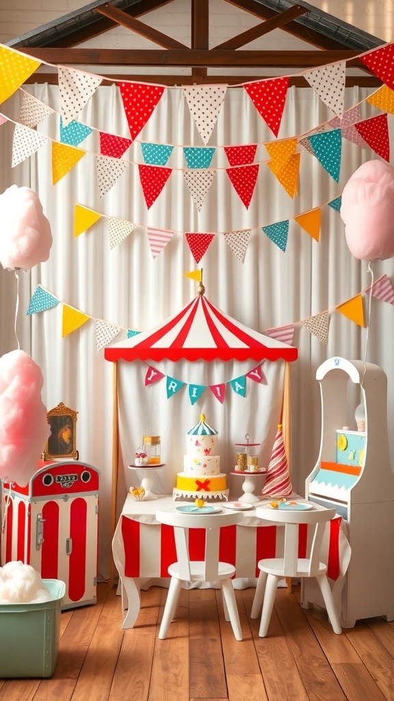 A vintage carnival themed baby shower setup with colorful bunting, a striped tent, a decorated cake, and cotton candy.