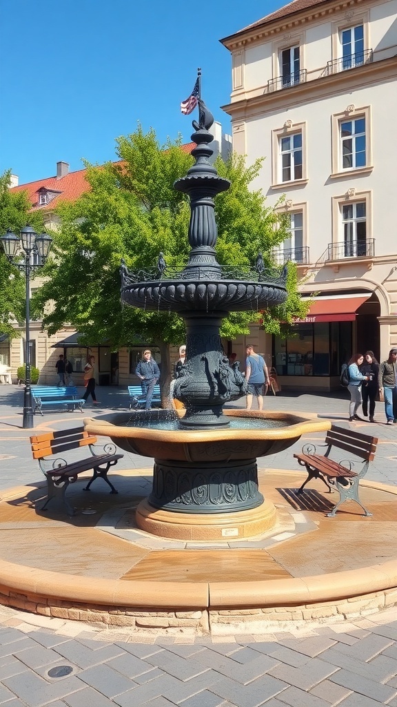 A vintage cast iron fountain surrounded by benches and greenery in a public square.