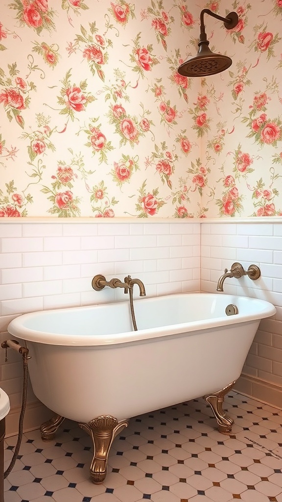 A vintage-style bathroom featuring a freestanding bathtub with antique fixtures, floral wallpaper, and white subway tiles.