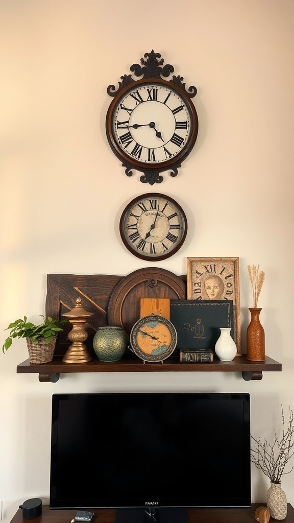 A display of vintage clocks and decor items above a television on a wooden shelf.
