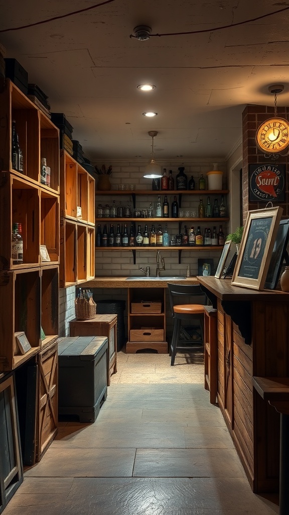 A cozy basement bar featuring vintage wooden crates used for storage.