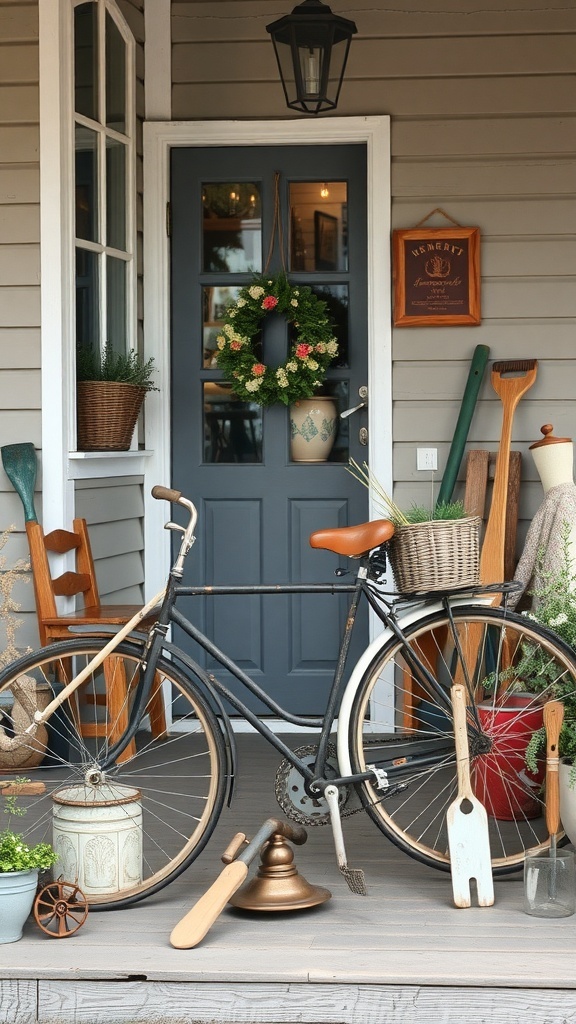 A vintage-inspired porch with a bicycle, wooden utensils, and potted plants.