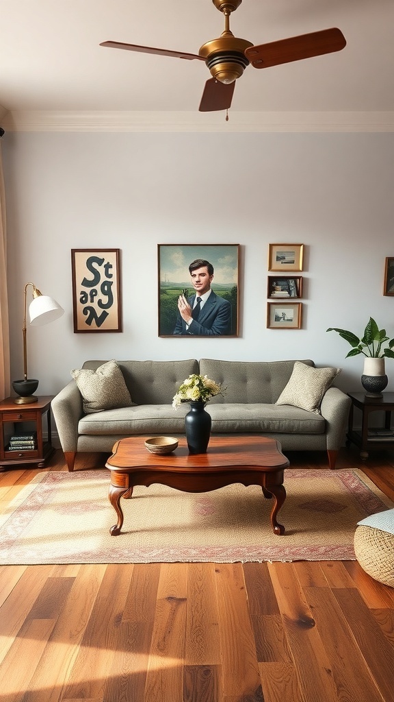 A vintage-style living room featuring a gray sofa, wooden coffee table, framed artwork, and a standing lamp.
