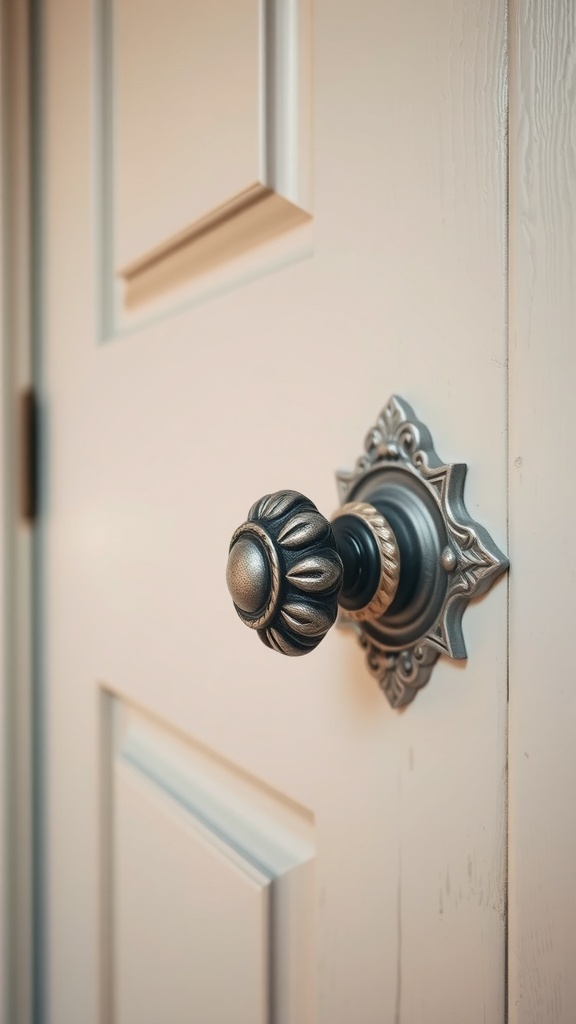 Close-up of a vintage-style door knob on a white door