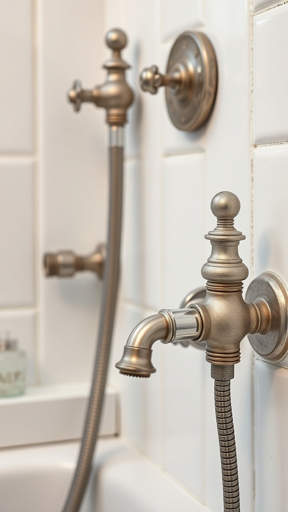 Close-up of vintage farmhouse bathroom fixtures including a faucet and shower controls.