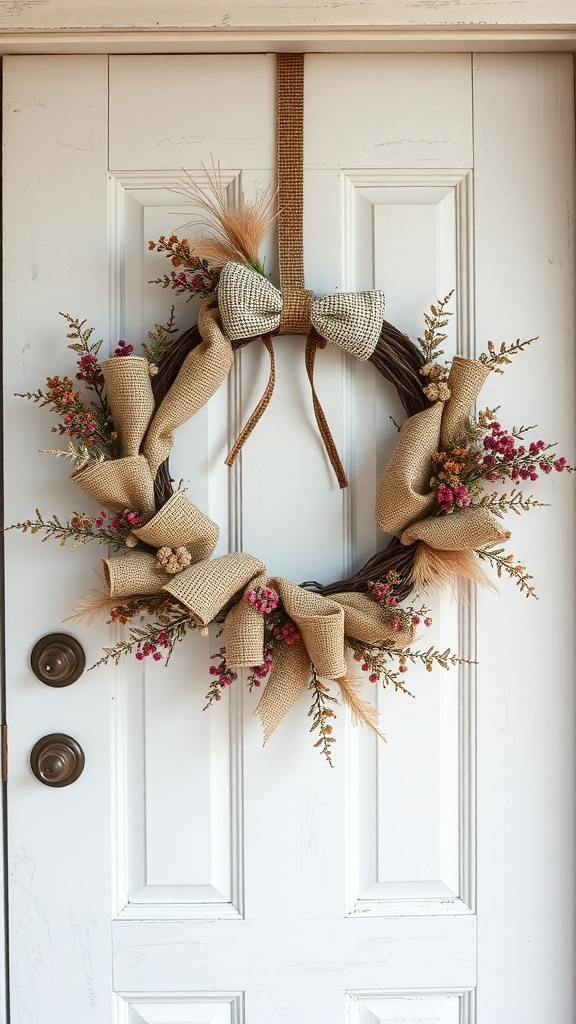 A vintage farmhouse style summer wreath with burlap bows and colorful flowers, hanging on a white door.