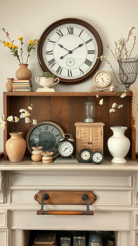 A beautifully arranged mantel featuring vintage clocks, pottery, and flowers, creating a warm and inviting spring decor.