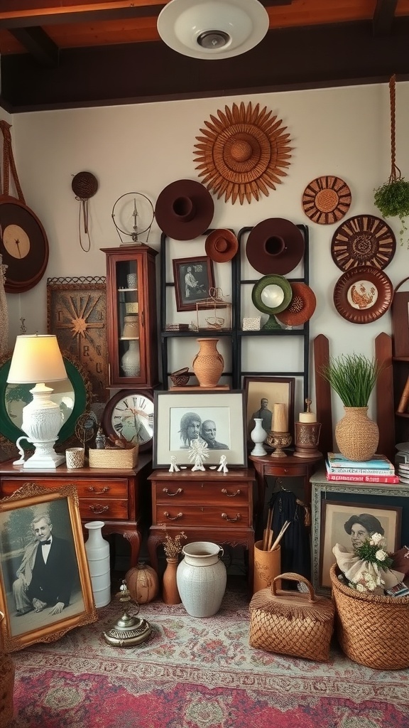 A cozy boho-inspired corner featuring vintage decor, including clocks, frames, and woven baskets.