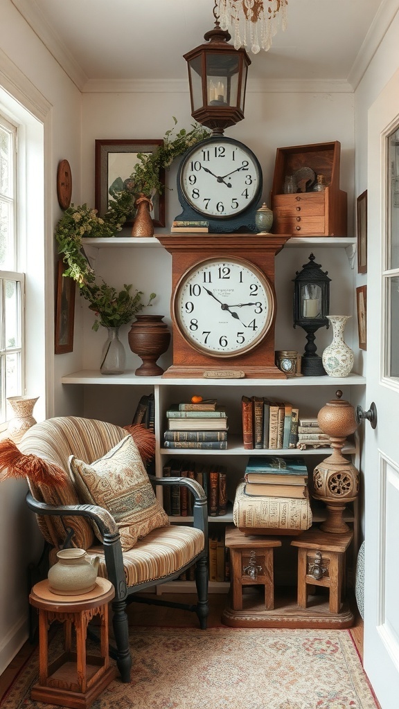 A cozy corner featuring vintage decor including clocks, books, and a comfortable chair.
