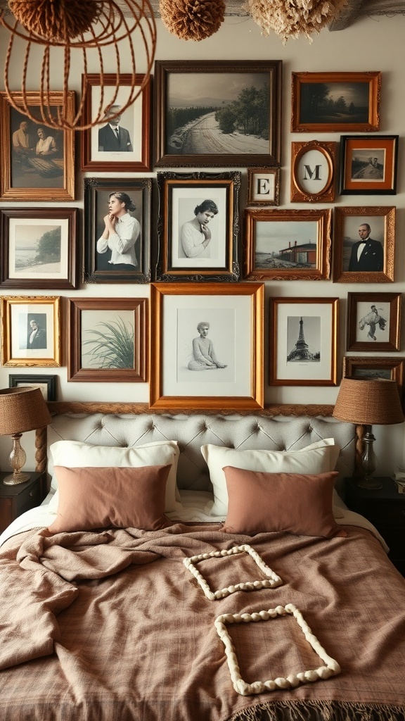 Wall decorated with vintage frames showcasing various photos and artwork above a bed.