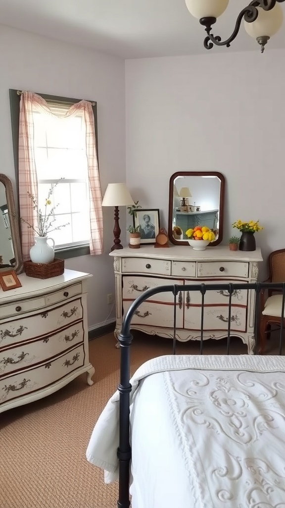 A cozy cottage bedroom featuring vintage furniture, including a bed frame, dressers, and decorative items.