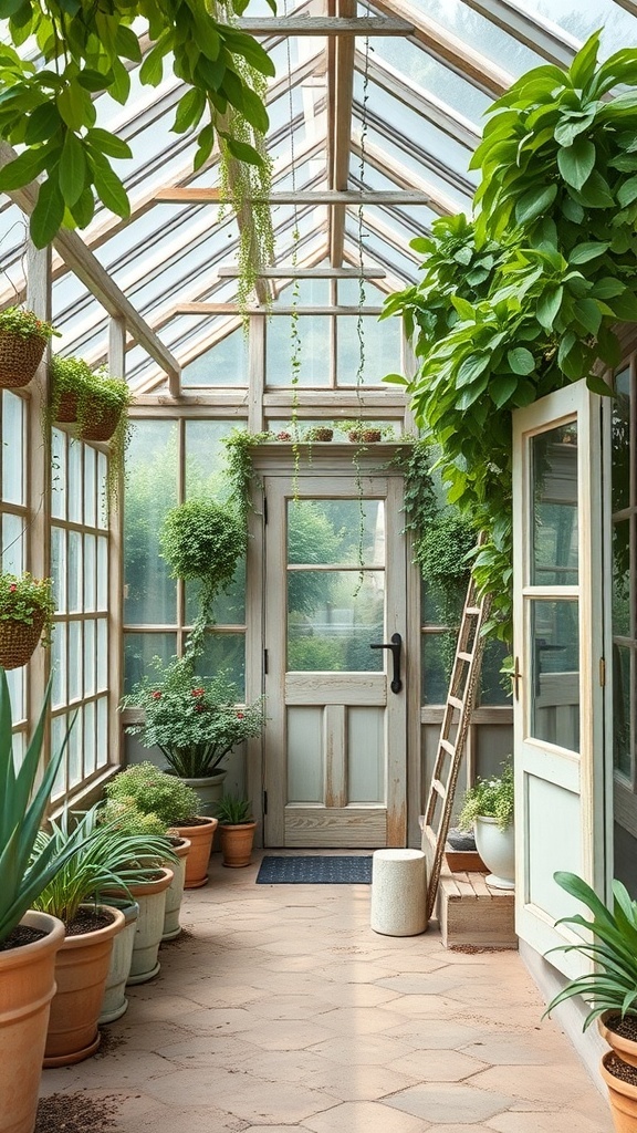 Interior of a vintage greenhouse with plants and wooden frames