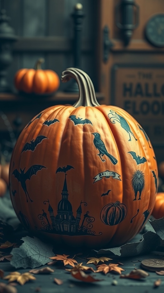 A vintage-style painted pumpkin featuring Halloween illustrations like bats, a castle, and a crow.