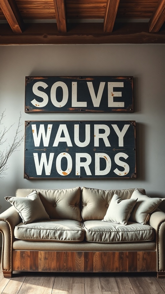 Vintage signage displayed above a cozy couch