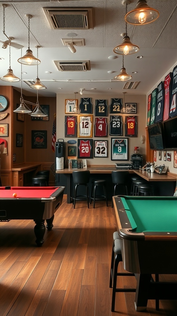 A cozy game room featuring framed sports jerseys, billiard tables, and warm lighting.