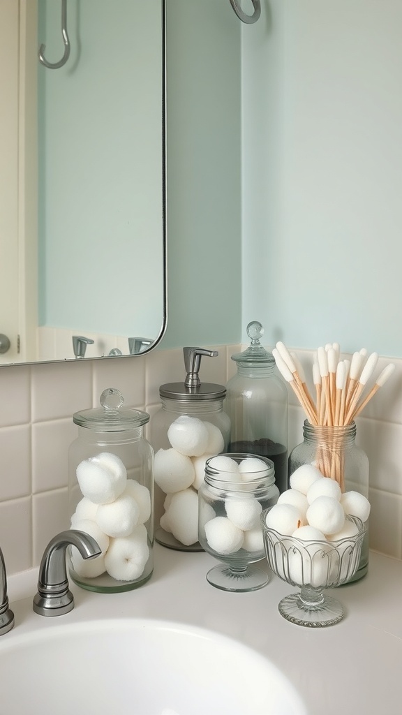 Vintage glass jars filled with cotton balls and swabs on a bathroom counter.