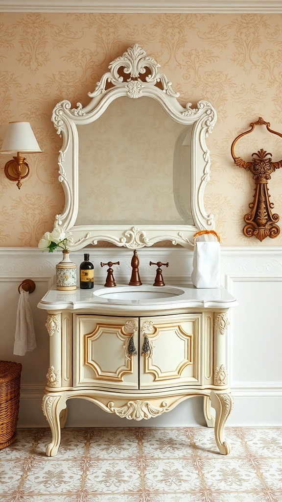 A vintage-style bathroom vanity with ornate carvings, a large mirror, and soft lighting.