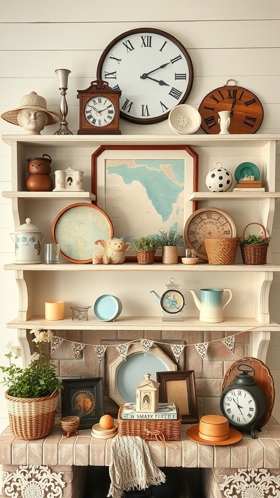 A vintage summer mantel decor featuring clocks, decorative items, and natural materials.