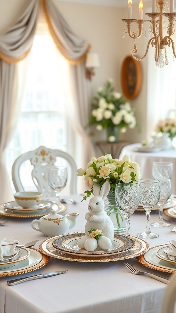 A beautifully set Easter table featuring vintage tableware, a bunny centerpiece, and fresh flowers.