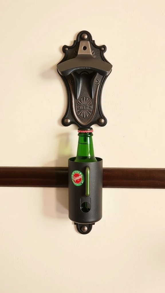 A wall-mounted bottle opener with a bottle and cap catcher