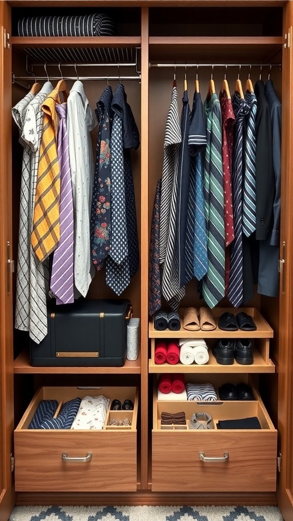 A well-organized wardrobe featuring shirts, ties, shoes, and accessories in drawers.