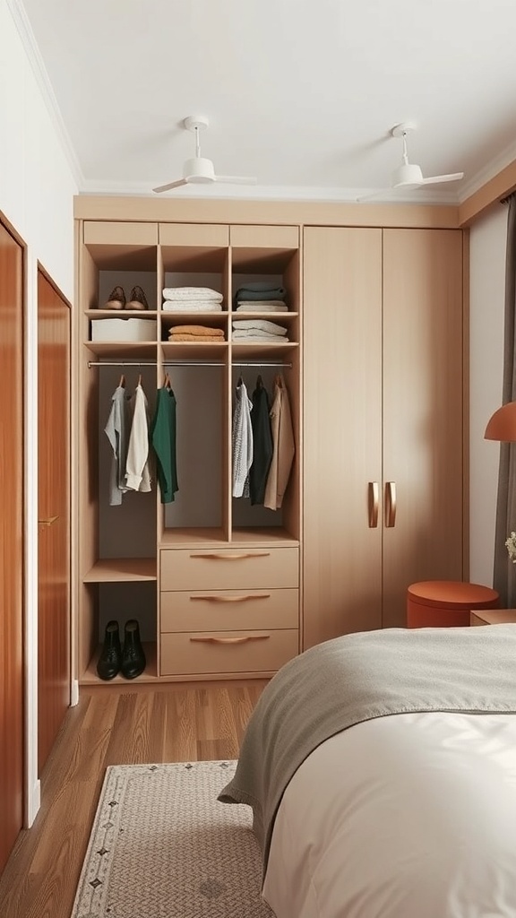 A well-organized wardrobe in a small bedroom with light wood finish, featuring open shelves, hanging space, and drawers.