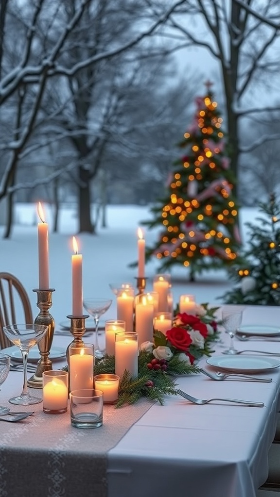 A beautifully set table with candles and a decorated Christmas tree in a snowy landscape.