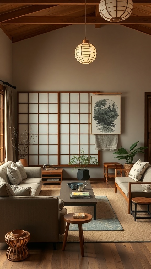 A cozy Japandi living room with warm colors and natural elements.