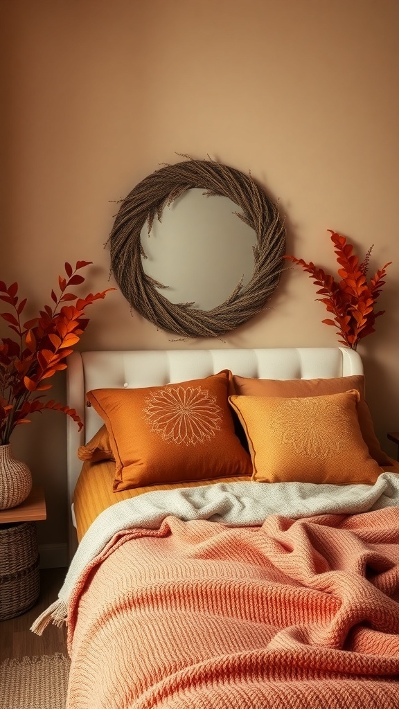 A cozy bedroom with warm autumn colors featuring orange and peach pillows, a textured blanket, and decorative plants.