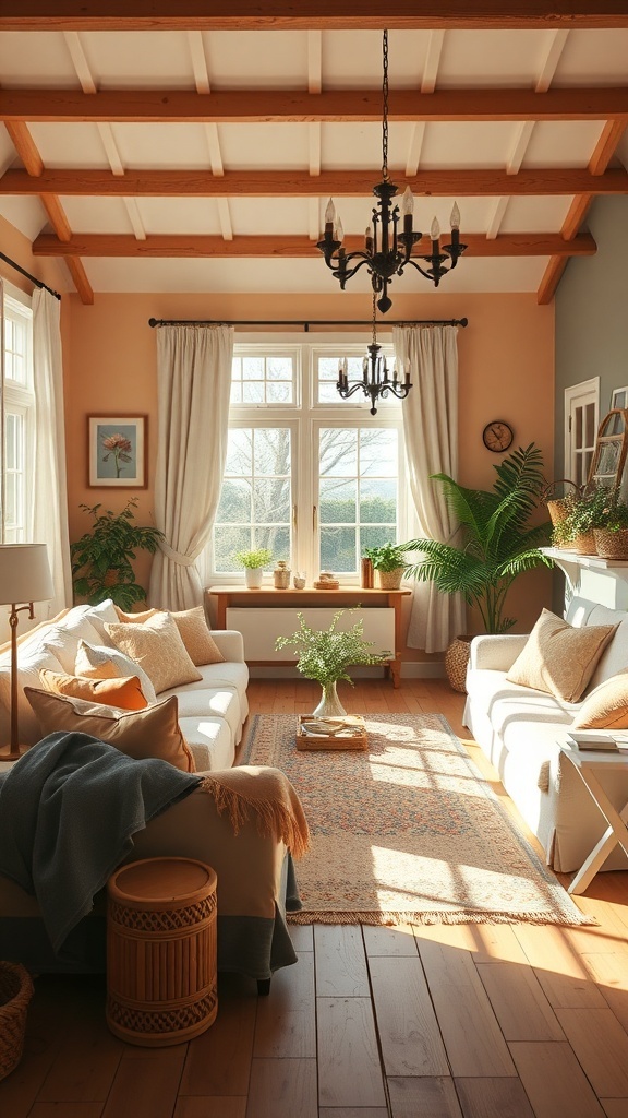 A cozy cottage living room with warm color palettes, featuring white sofas, peach walls, and natural wood beams.
