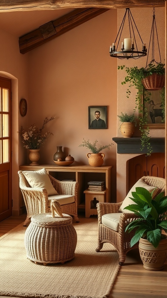 Cozy living room with warm peach walls, woven furniture, and green plants.