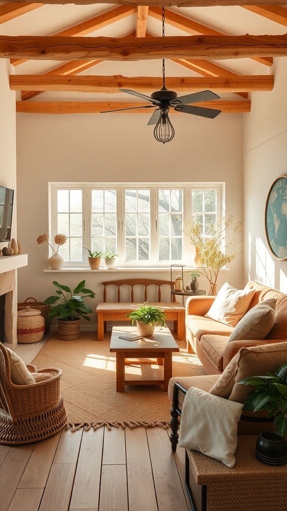 Cozy cottage living room with warm color palette, wooden beams, and plants.