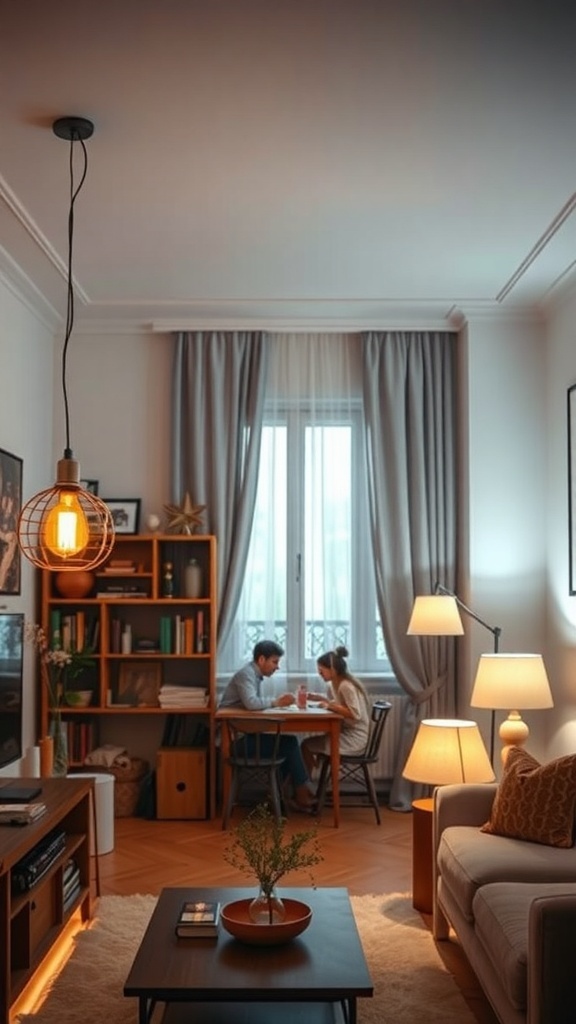 A cozy apartment with warm lighting, featuring a pendant light, floor lamp, and table lamp, creating an inviting atmosphere.