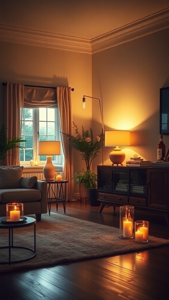 A cozy living room with warm lighting from lamps and candles, featuring a comfortable sofa and wooden furniture.