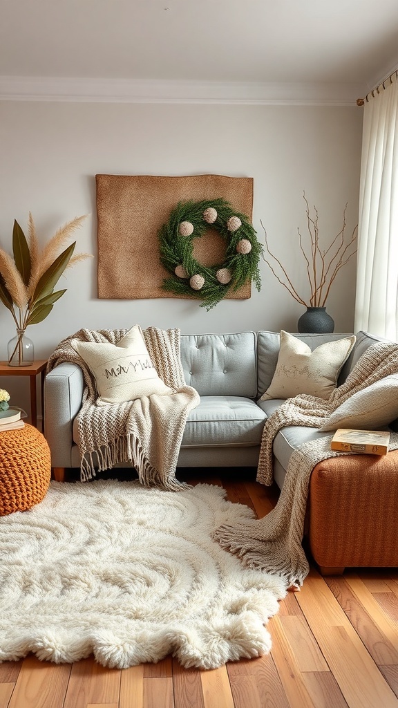 Cozy living room with soft textiles, a plush rug, and warm decor.