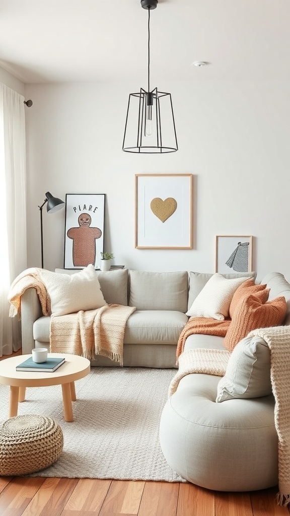 A cozy Scandinavian living room with warm textiles.