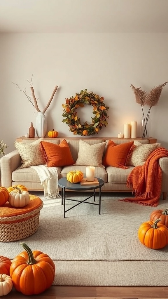Cozy living room decorated with warm tones, pumpkins, and cozy textiles for fall.