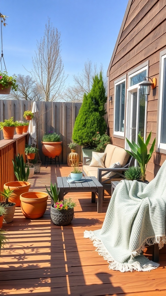 A cozy wooden deck with seating and potted plants, creating a warm outdoor space.