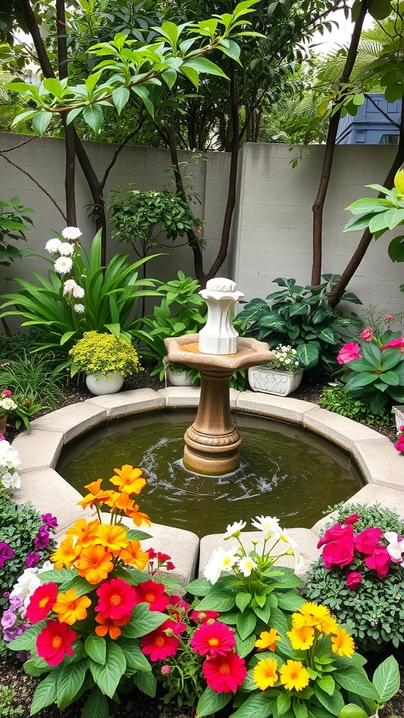 A small garden featuring a fountain surrounded by colorful flowers and lush greenery.