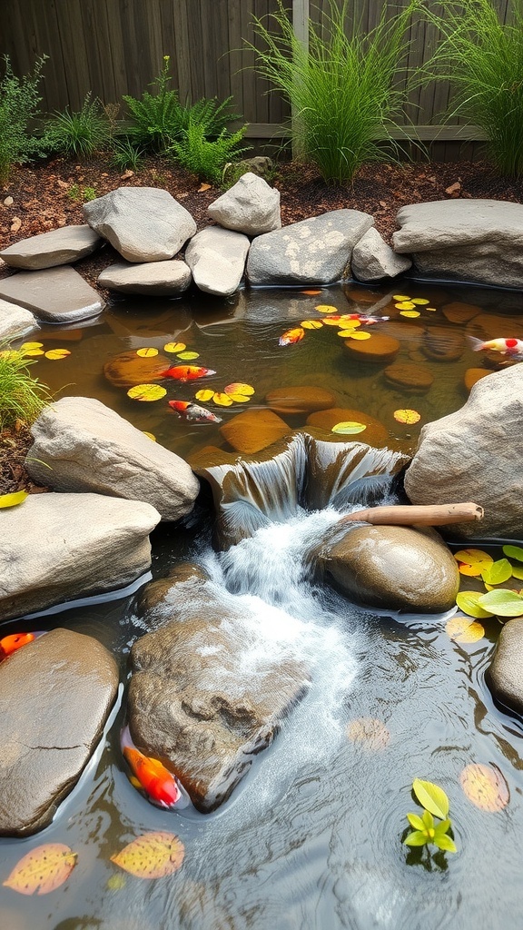 A serene backyard pond with koi fish, surrounded by rocks and greenery.