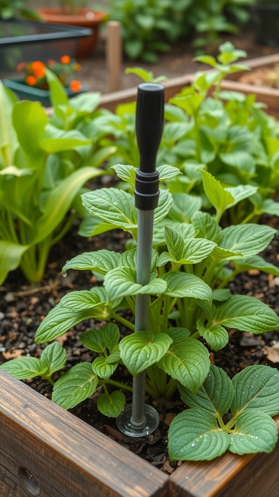 A watering tool in a raised garden bed surrounded by lush green plants.