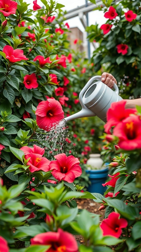 A gardener watering bright red hibiscus flowers with a watering can in a lush garden.