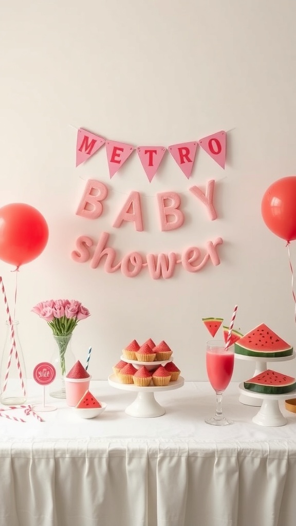 A vibrant watermelon-themed baby shower setup featuring a banner, pink balloons, cupcakes, and watermelon drinks.