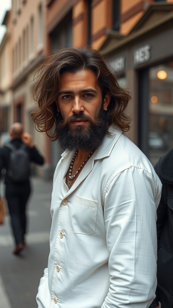 Man with long wavy hair and a sculpted beard, wearing a white shirt, standing outdoors.