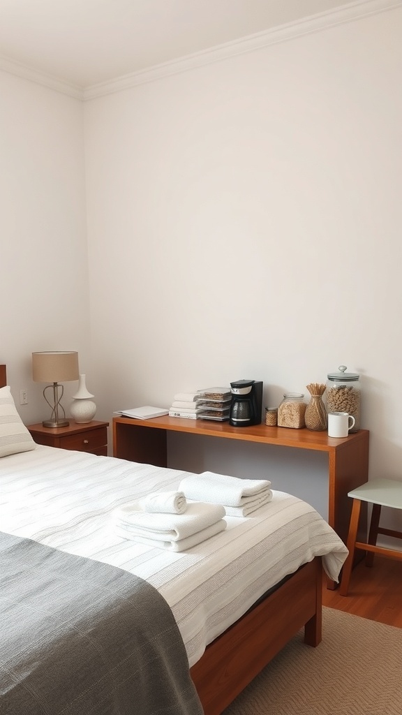 A cozy guest bedroom featuring a neatly made bed, towels, and a small coffee station.
