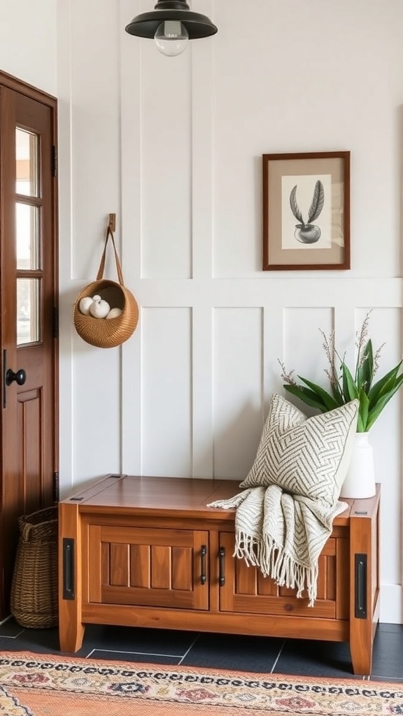 A wooden bench with storage in an entryway, decorated with a throw, pillows, and a potted plant.