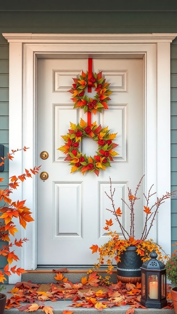A front porch decorated with autumn wreaths and fallen leaves.